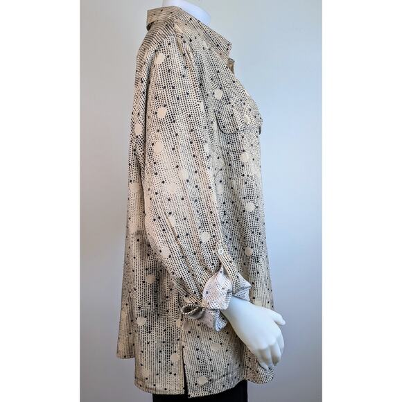 NEW NY Collection Button Blouse Roll Tab Sleeve Stretch Beige Black Dot Size 3X - Picture 5 of 10